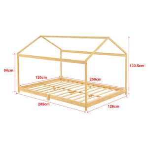 Grand lit cabane double 120x200cm - Bois naturel