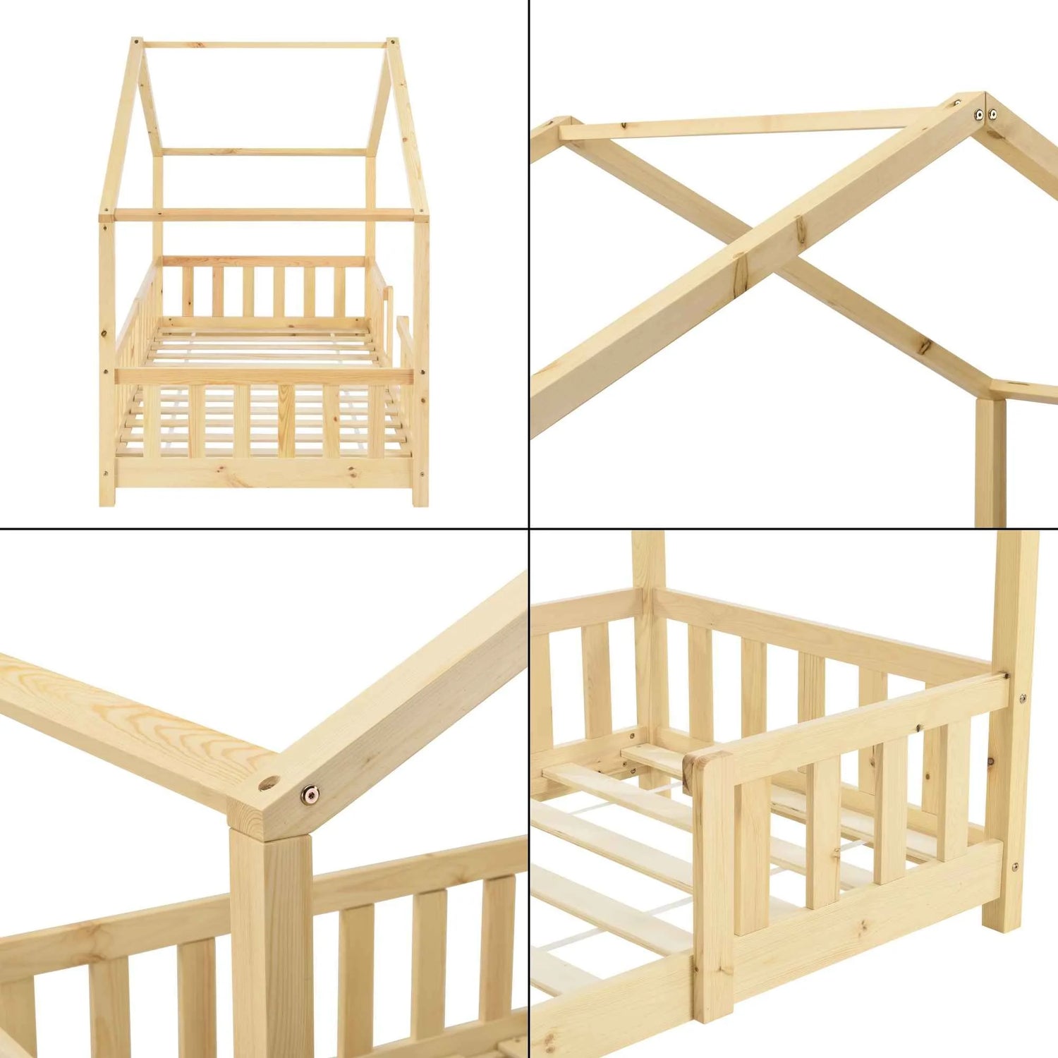 Lit cabane avec barrière - 90x200 cm - Bois naturel