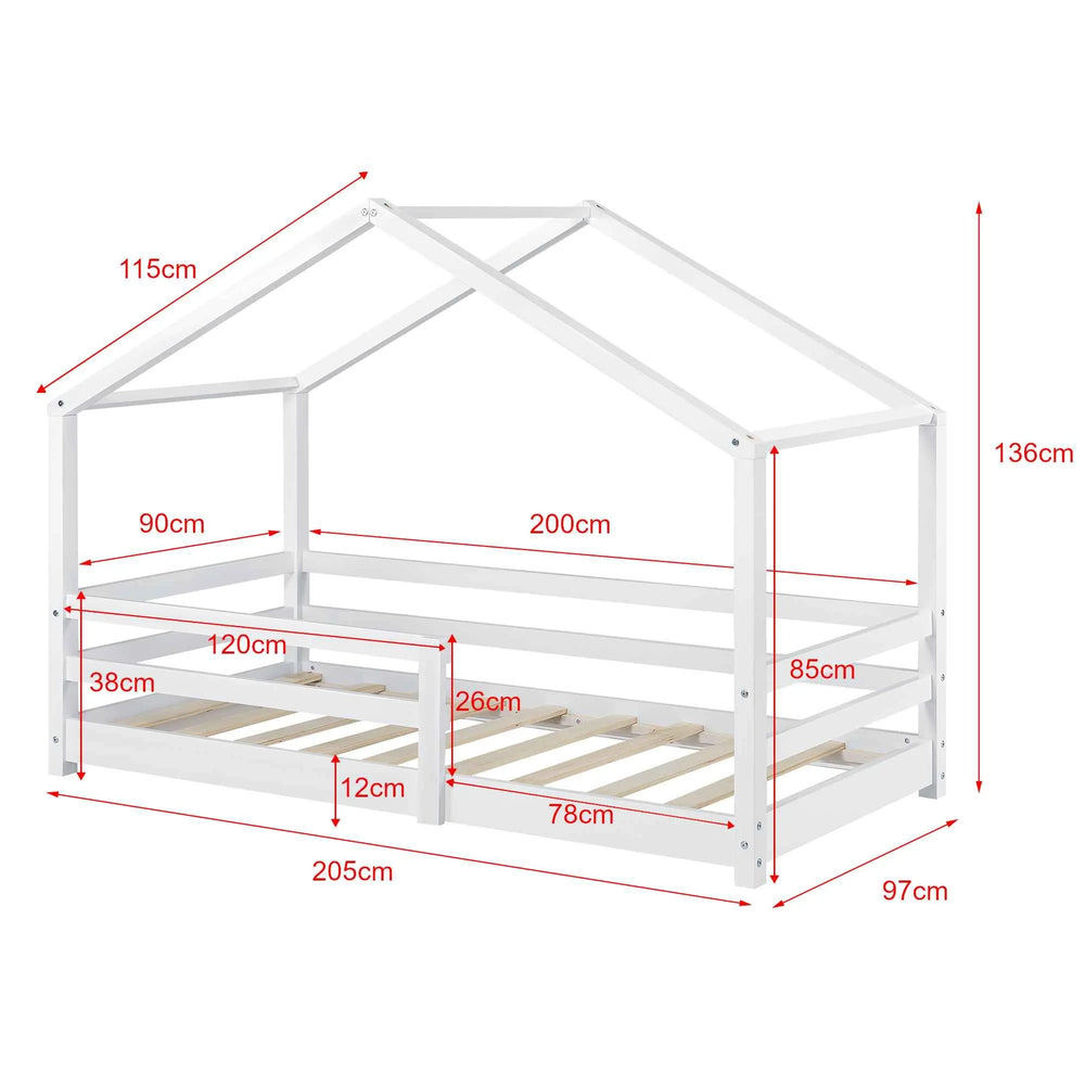 Lit cabane avec barrière - 90x200cm - Blanc