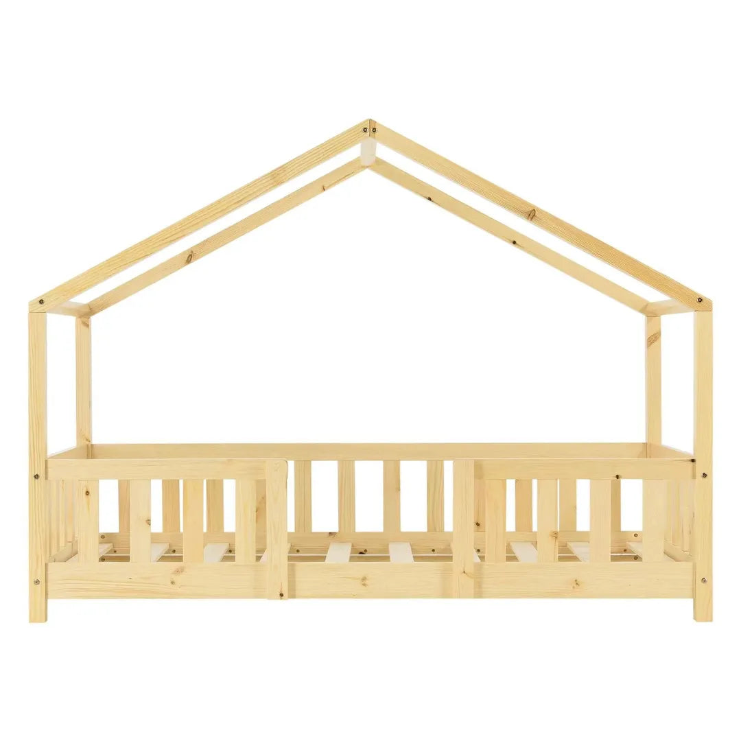 Lit cabane avec barrière 70x140cm - Bois naturel