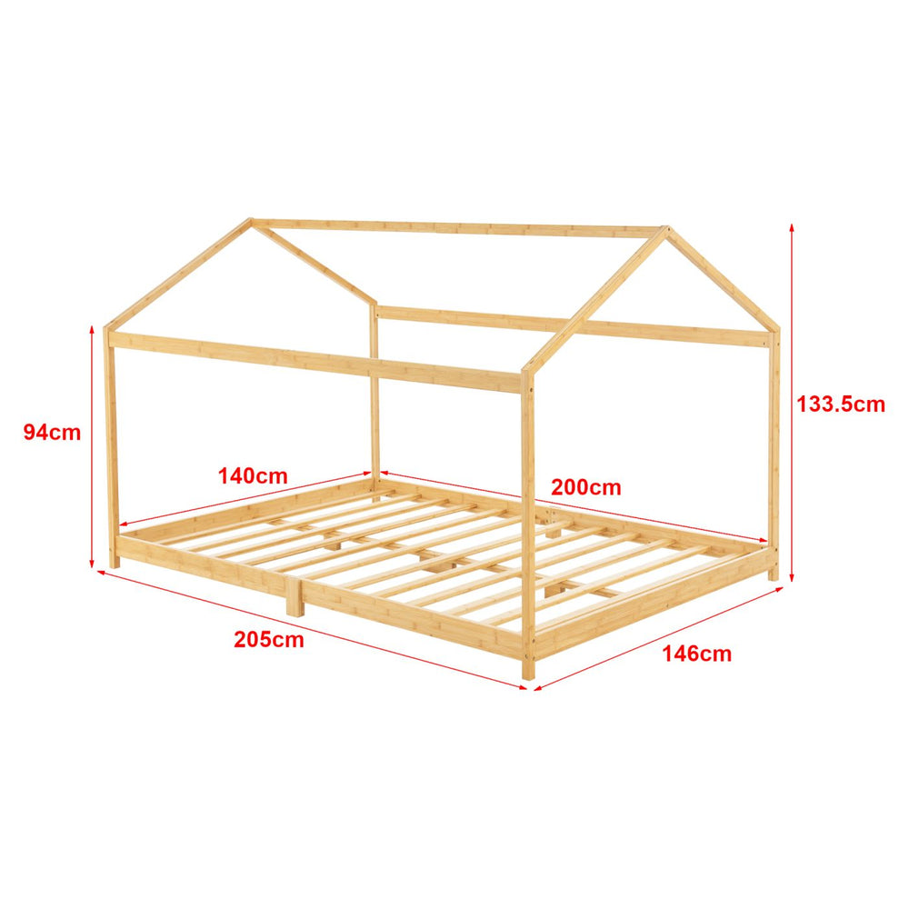 Grand lit cabane double 140x200cm - Bois naturel