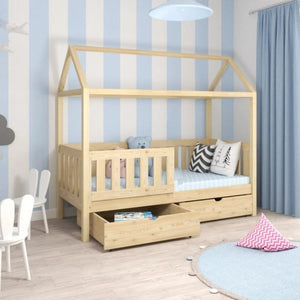 Lit cabane en bois avec 2 tiroirs de rangement