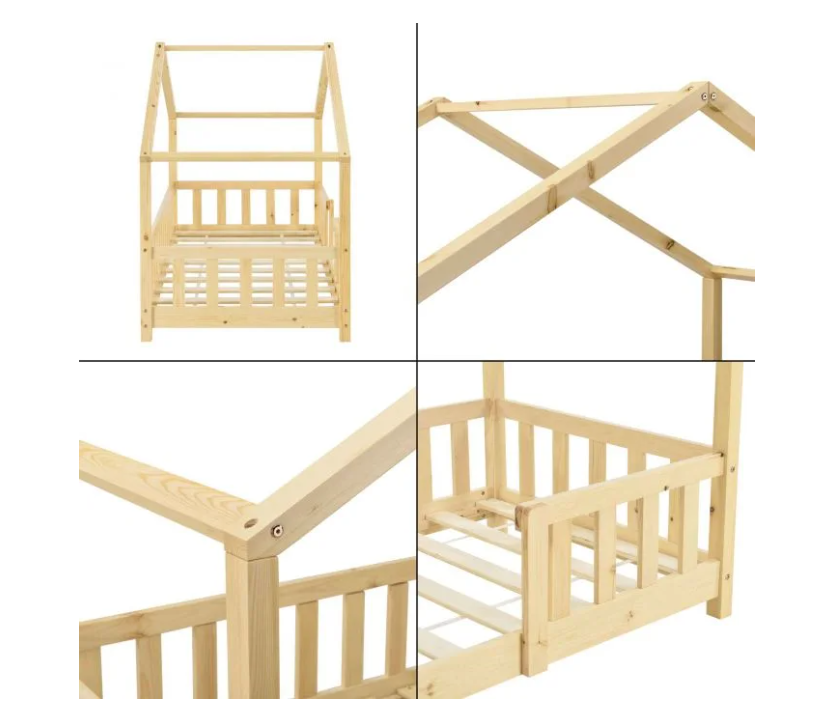 Lit cabane enfant en bois avec barrière 70x140cm