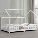 Grand lit cabane double avec barrière - 140x200cm - Blanc
