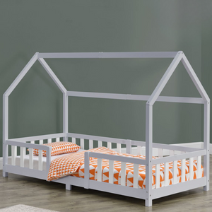 Lit cabane avec barrière + matelas - 90x200cm - Gris & blanc