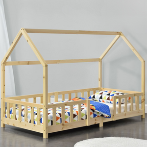 Lit cabane avec barrière + matelas - 90x200cm - Bois naturel