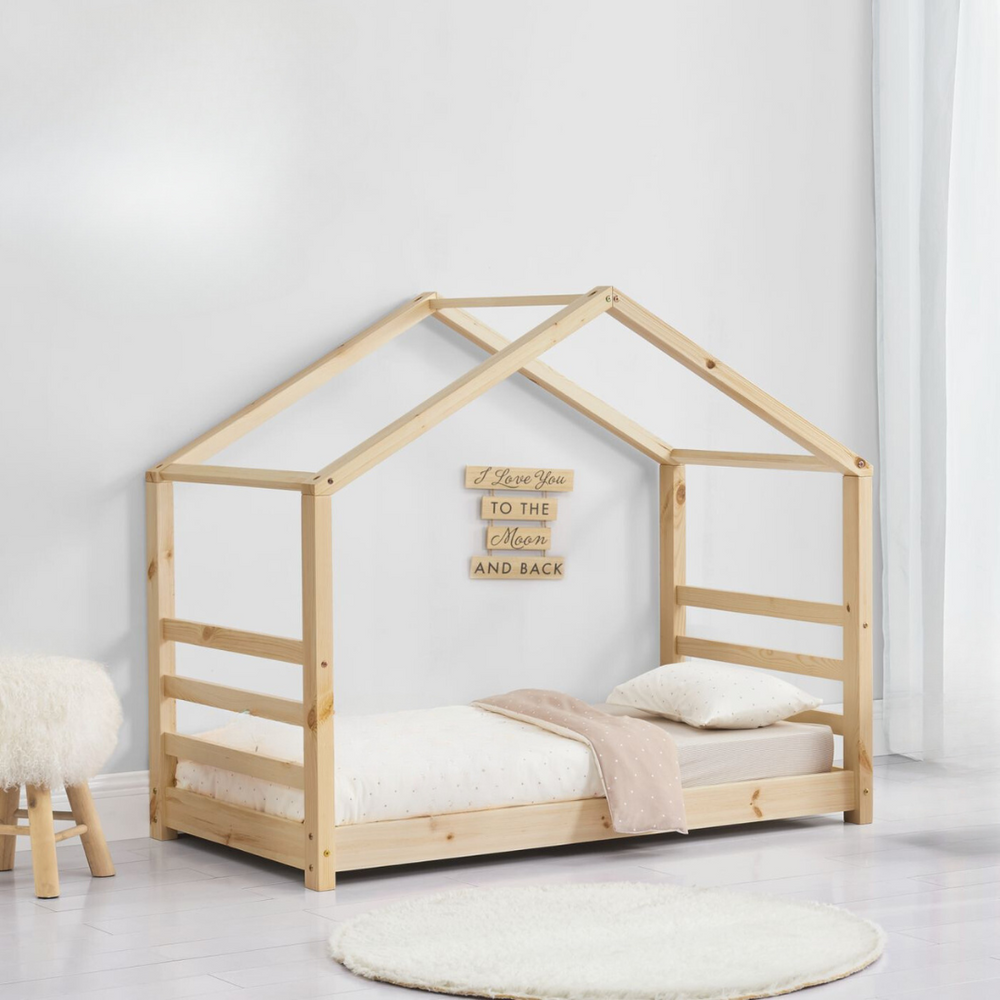 Lit cabane Montessori avec matelas - 80x160cm - Bois naturel