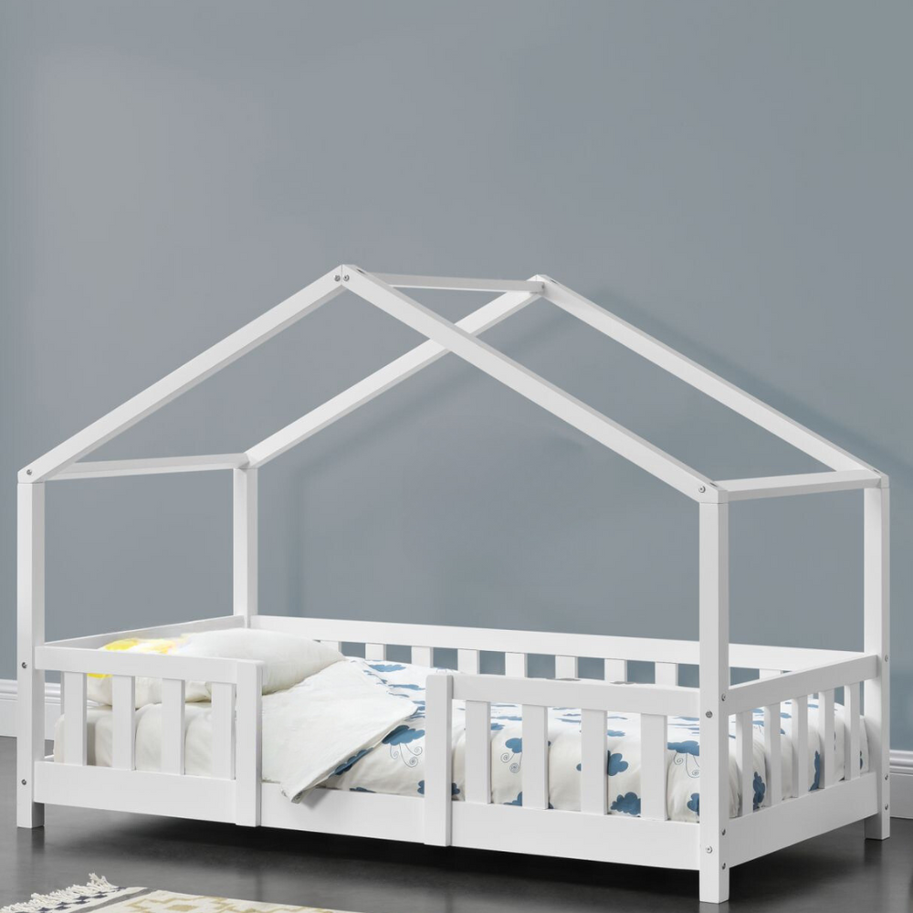 Lit cabane avec barrière + matelas - 70x140cm - Blanc