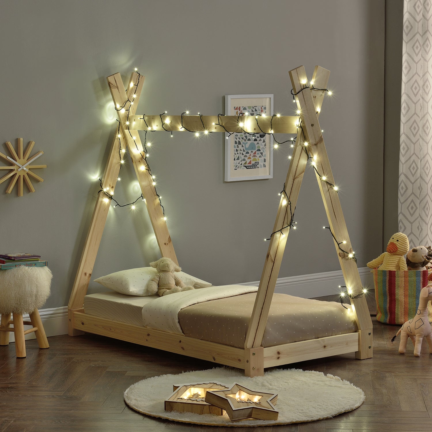 Lit de Tipi pour Enfant Onejda Bois Naturel 140 x 70 cm [en.casa]