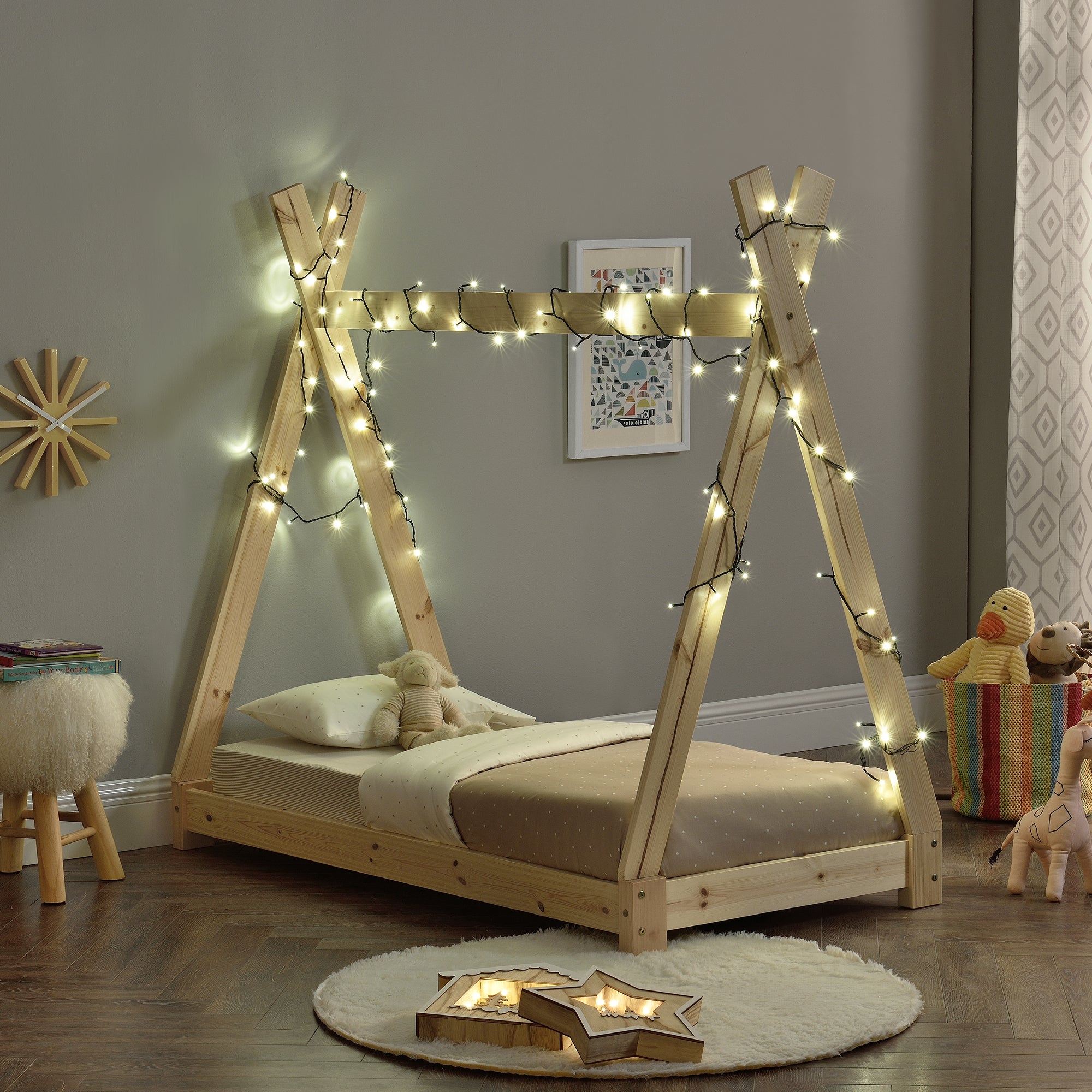 Lit de Tipi pour Enfant Onejda Bois Naturel 140 x 70 cm [en.casa]