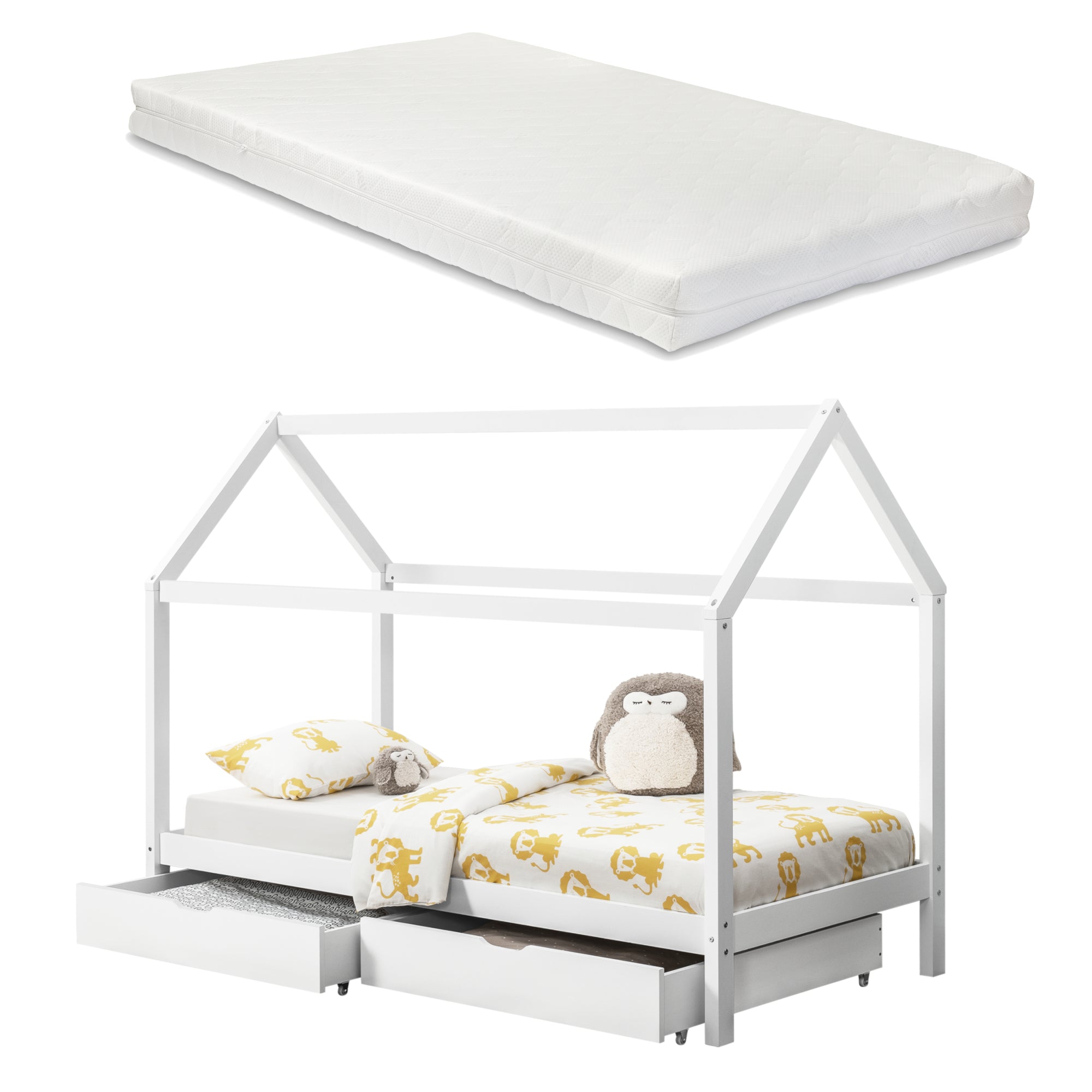 [en.casa] et [neu.haus] Lit Enfant Maison avec 2 Tiroirs Matelas Anti-allergique Pin Laine Fourrée Polyester Blanc Mat 206x98x150cm