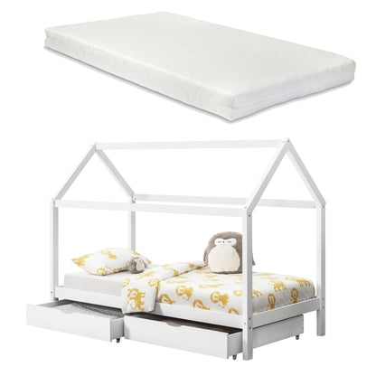 [en.casa] et [neu.haus] Lit Enfant Maison avec 2 Tiroirs Matelas Anti-allergique Pin Laine Fourrée Polyester Blanc Mat 206x98x150cm