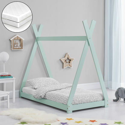 Lit Tipi pour Enfants avec Matelas Orthopédique Onejda Menthe 80 x 160 cm [en.casa] 