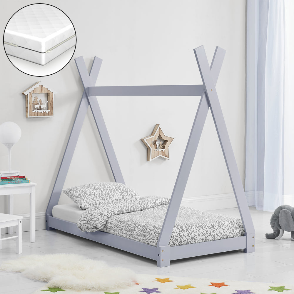 Lit Tipi pour Enfants avec Matelas Orthopédique Onejda Gris Clair 70 x 140 cm [en.casa]