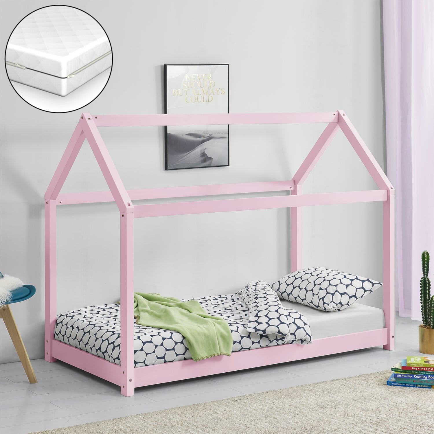 Lit Cabane Forme Maison Netstal avec Matelas Orthopédique 140 x 70 cm Rose [en.casa]