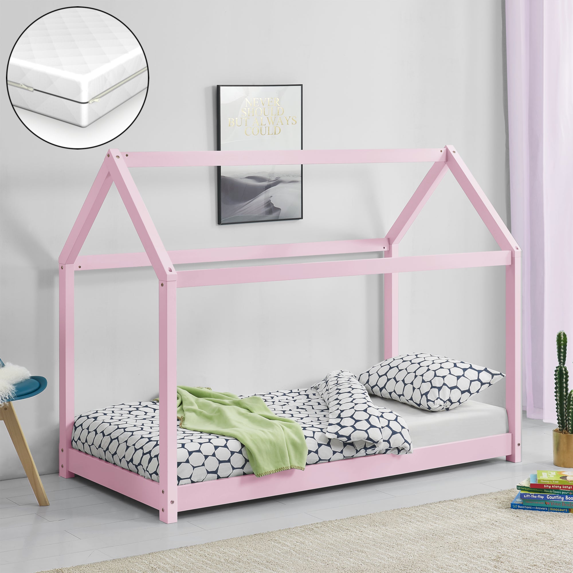 Lit Cabane Forme Maison Netstal avec Matelas Orthopédique 140 x 70 cm Rose [en.casa]