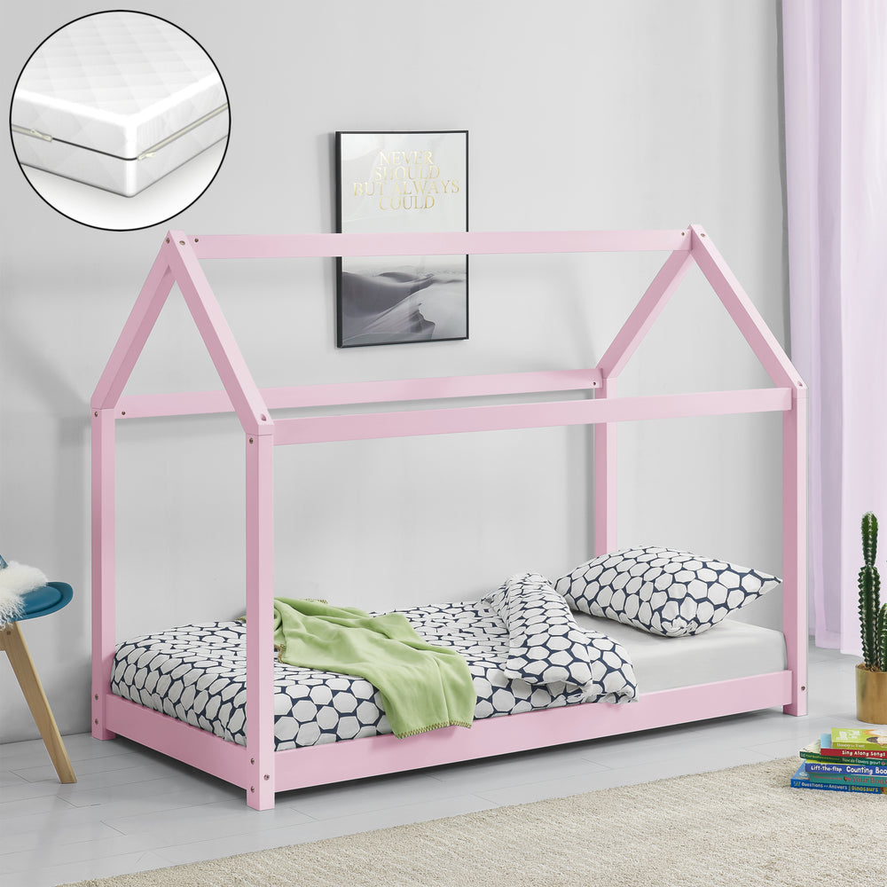 Lit Cabane Forme Maison Netstal avec Matelas Orthopédique 140 x 70 cm Rose [en.casa]