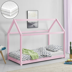 Lit Cabane Forme Maison Netstal avec Matelas Orthopédique 140 x 70 cm Rose [en.casa]