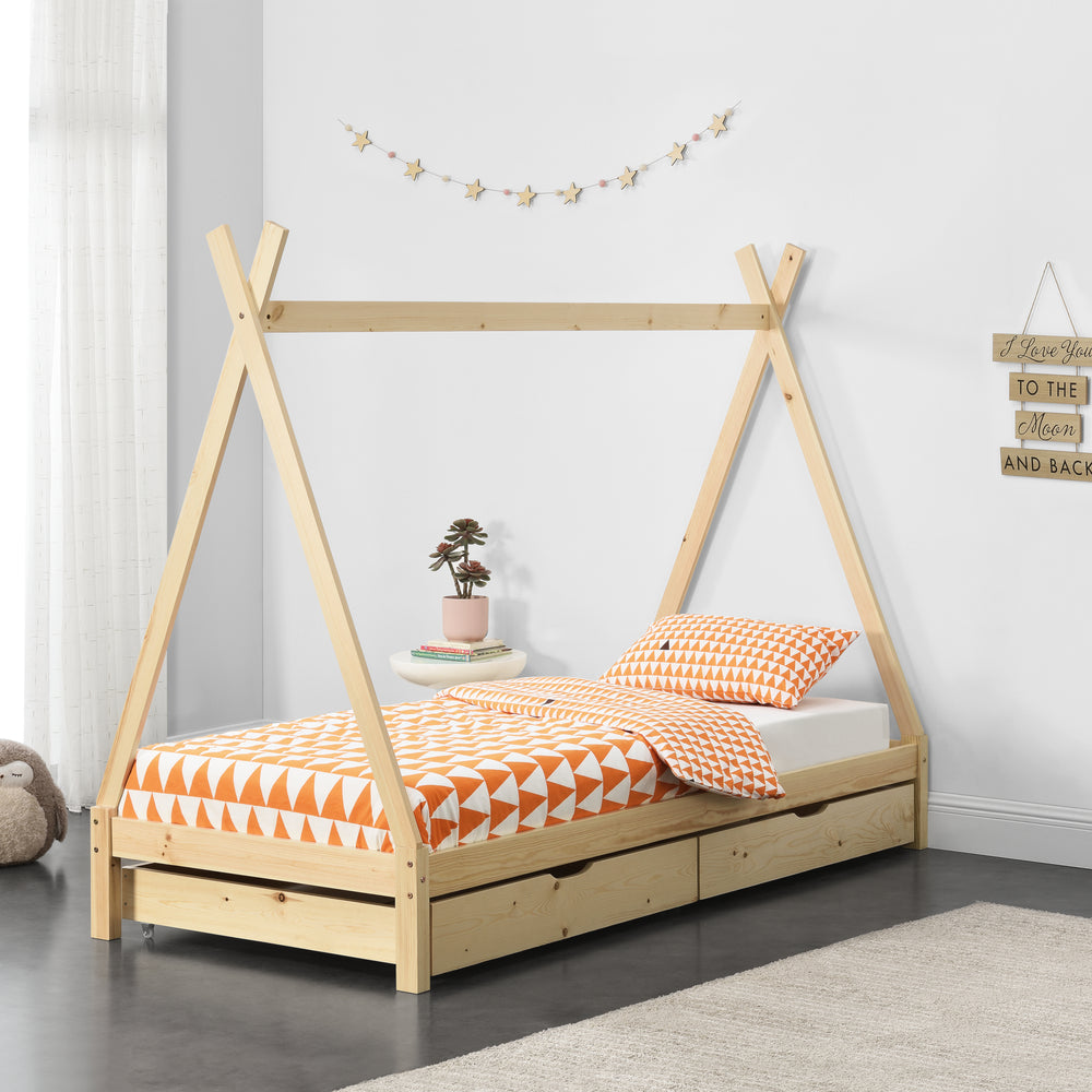 Lit Tipi pour Enfants avec 2 Tiroirs Maine 200 x 90 cm Bois Naturel [en.casa]