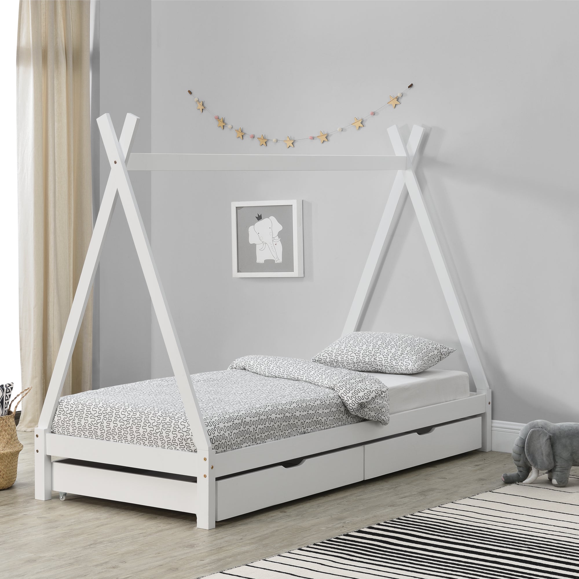 Lit Tipi pour Enfants avec 2 Tiroirs Maine 200 x 90 cm Blanc [en.casa]