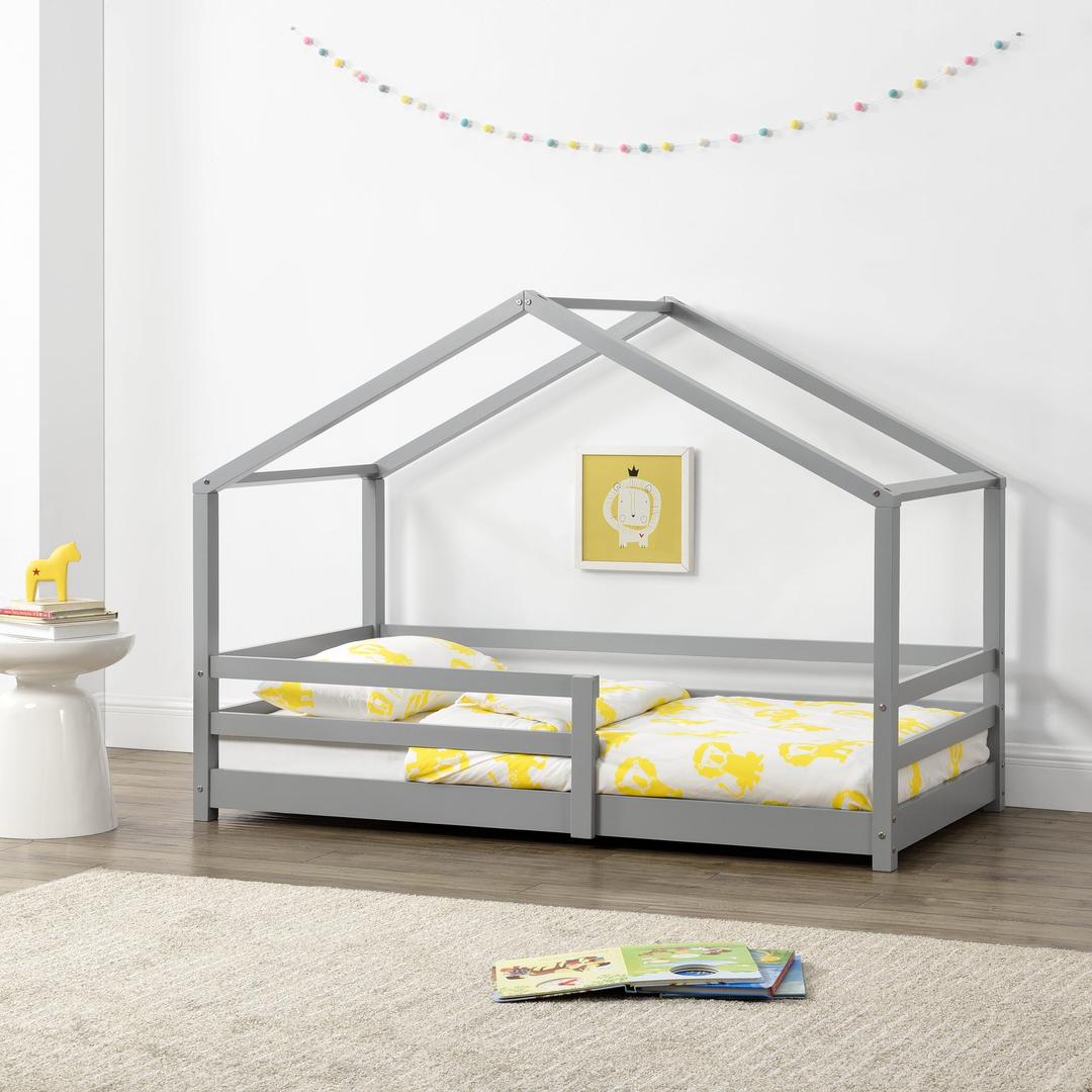Lit cabane avec barrière - 70x140cm - Gris