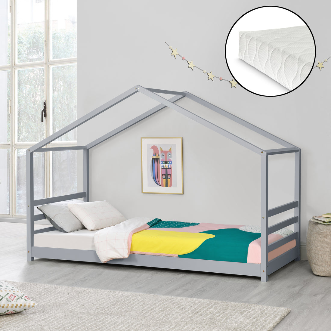 Lit Cabane Vardø avec Grille et Matelas à Mousse à Froid 90 x 200 cm Gris [en.casa]