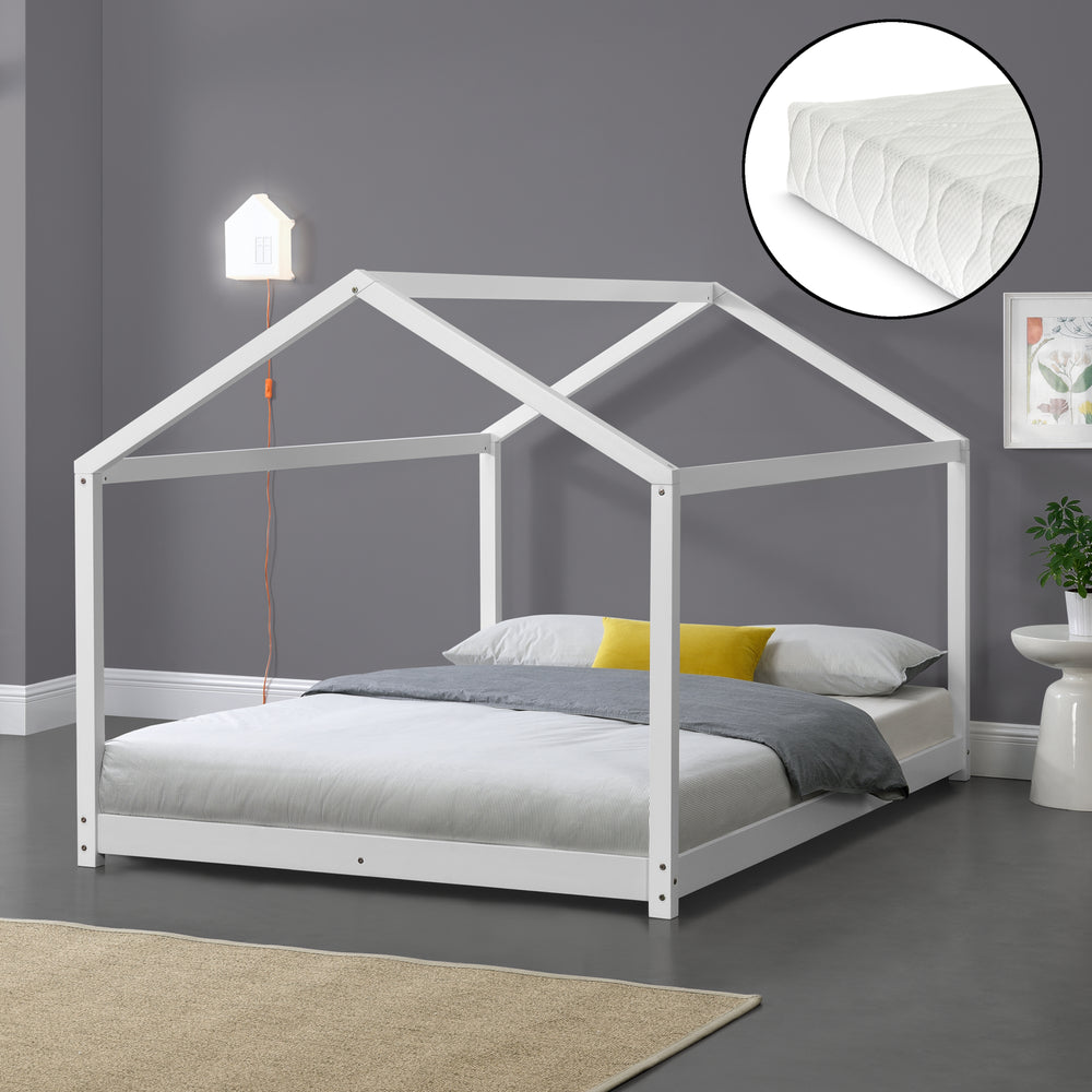 Lit d'Enfant Forme Maison Cerro avec Matelas Mousse à Froid 120 x 200 cm Blanc [en.casa]