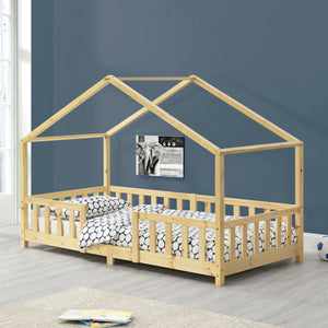 Lit d'Enfant Forme Maison avec Grille de Protection Treviolo 200 x 90 cm Bois naturel [en.casa]