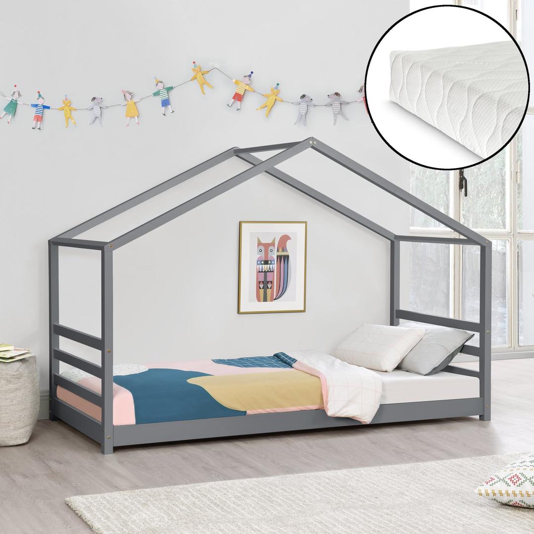 Lit cabane Montessori avec matelas - 90x200cm - Gris