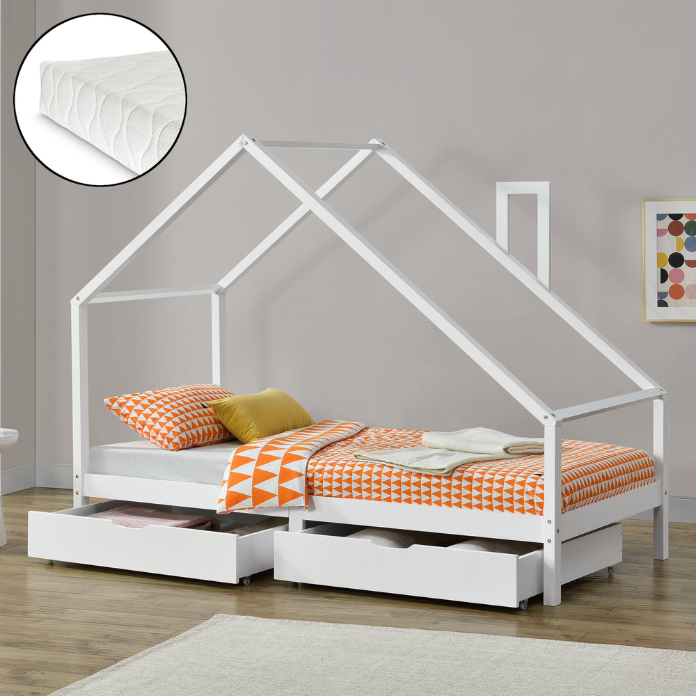 Lit d'enfant Assling Forme Maison Matelas Capacité 100 kg 90x200 cm Blanc Mat [en.casa]