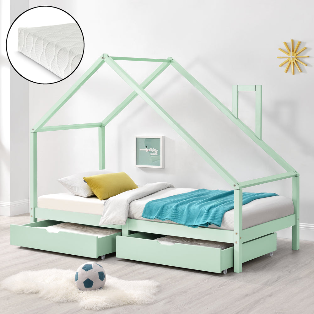 Lit d'enfant Assling Forme Maison Matelas Capacité 100 kg 90x200 cm Menthe Mat [en.casa]