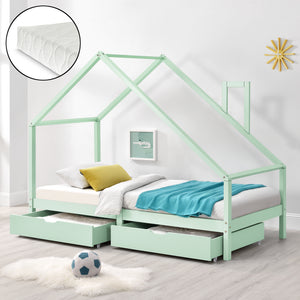 Lit d'enfant Assling Forme Maison Matelas Capacité 100 kg 90x200 cm Menthe Mat [en.casa]