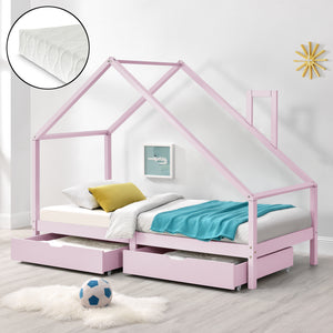 Lit d'enfant Assling Forme Maison Matelas Capacité 100 kg 90x200 cm Rose Mat [en.casa]