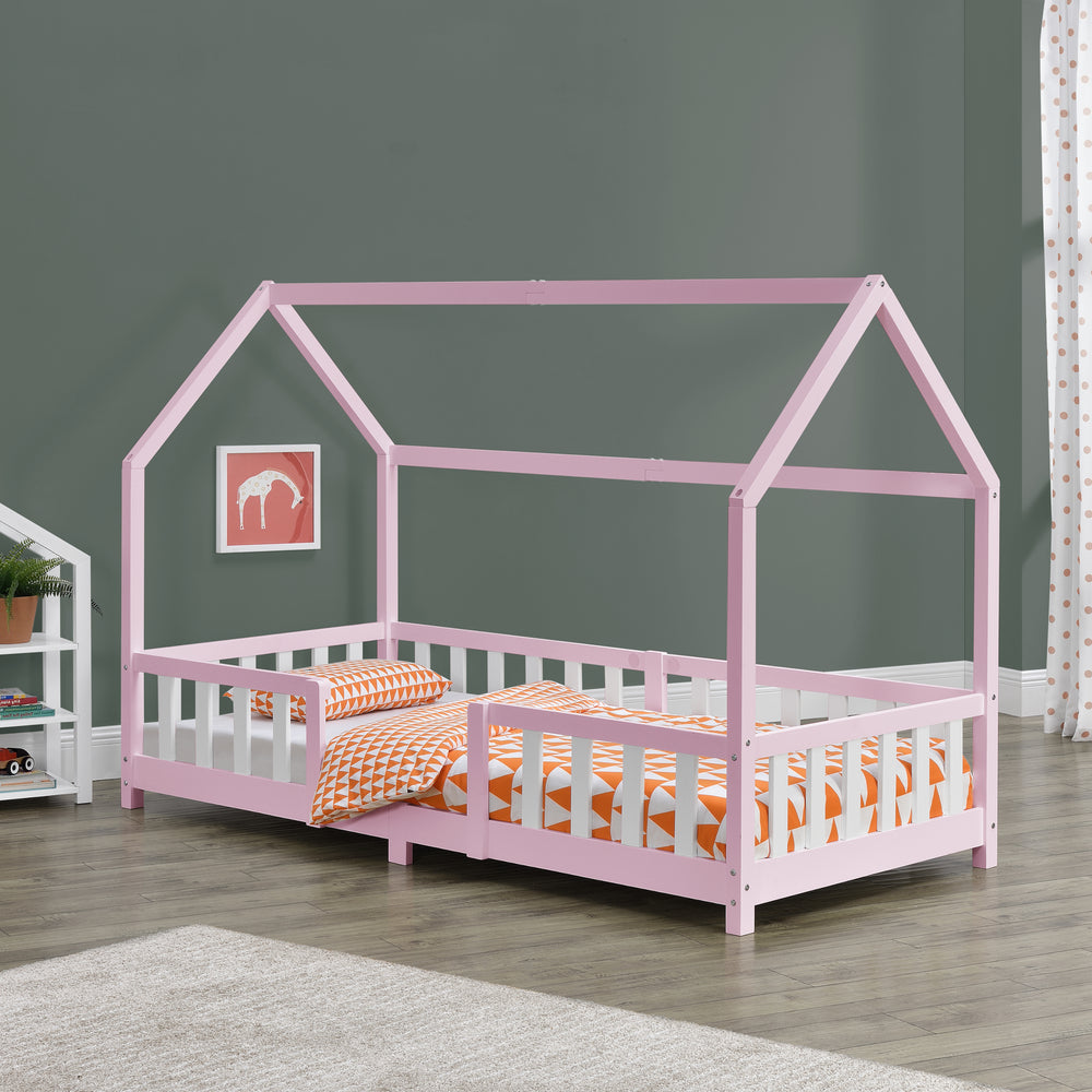 Lit d'Enfant Design Forme Maison Sisimiut Pin 200 x 90 cm Rose Blanc Mat Laqué [en.casa]