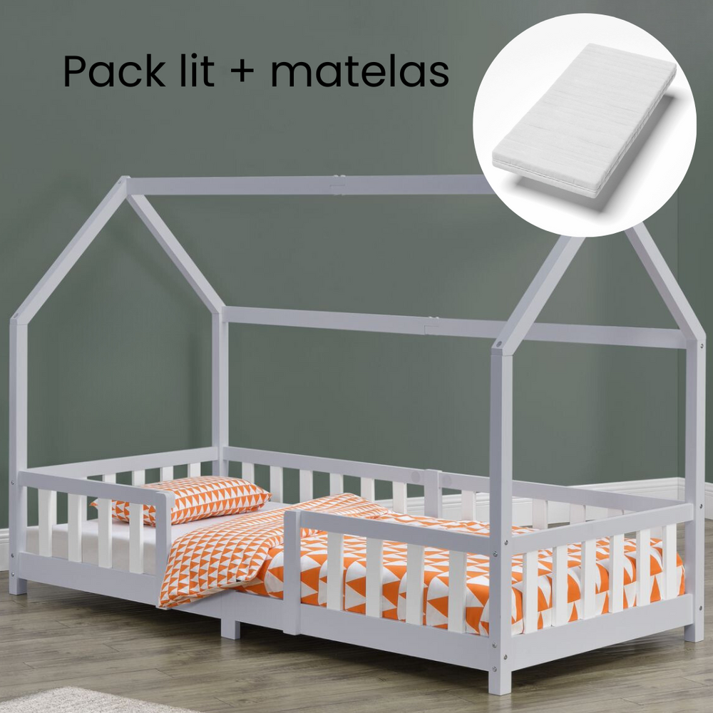 Lit cabane avec barrière + matelas - 90x200cm - Gris & blanc