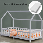Lit cabane avec barrière + matelas - 90x200cm - Gris & blanc
