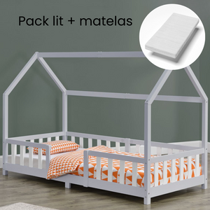 Lit cabane avec barrière + matelas - 90x200cm - Gris & blanc