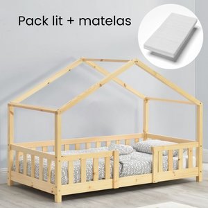 Lit cabane en bois naturel + matelas - 80x160cm - Bois naturel