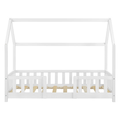Lit cabane avec barrière + matelas - 80x160cm - Blanc