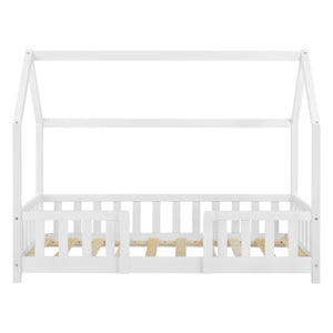 Lit cabane avec barrière + matelas - 80x160cm - Blanc