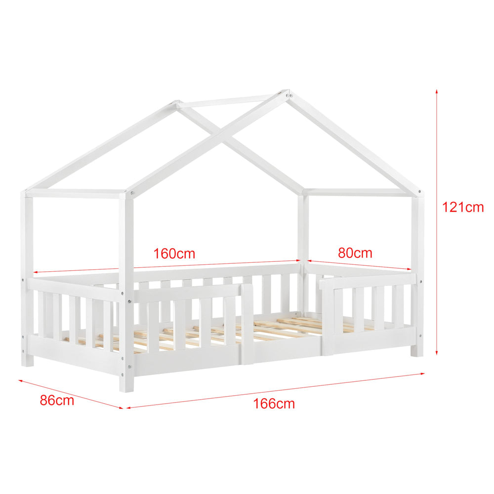 Lit cabane avec barrière + matelas - 80x160cm - Blanc