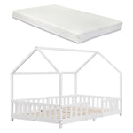 Grand lit cabane Montessori avec barrière + matelas - 120x200cm - Blanc