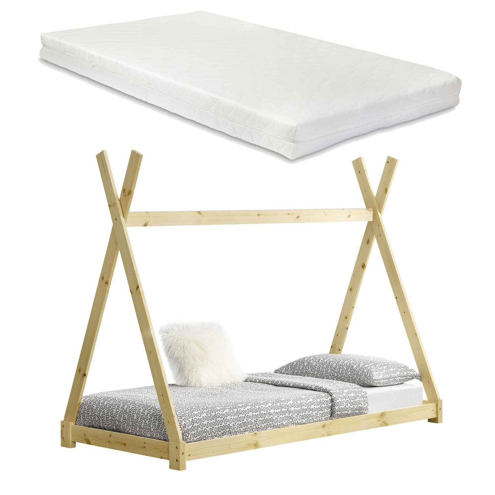 Tipi bed 90x200cm met matras - Montessori - Natuurlijk hout