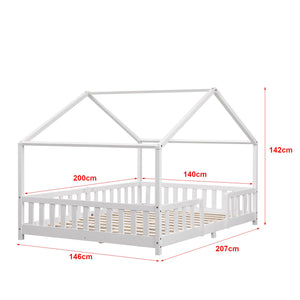 Grand lit cabane double avec barrière et matelas - 140x200cm - Blanc