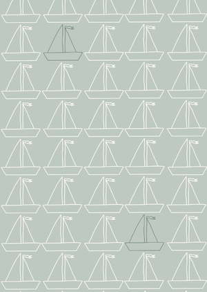 Papier peint chambre enfant Bateau - Gris & Blanc + bleu