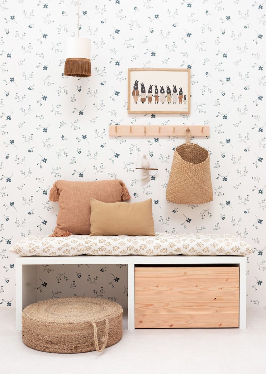 Papier peint chambre enfant Fleurs - Blanc &amp; Bleu