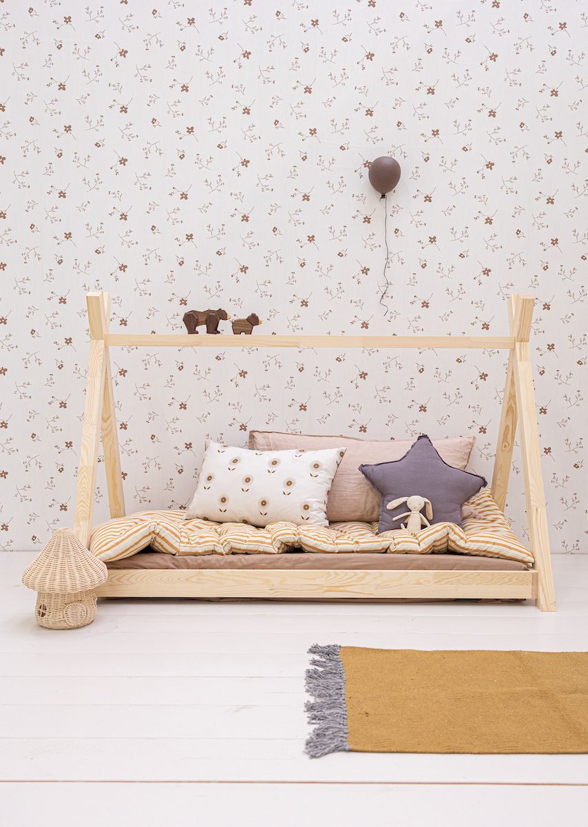 Papier peint chambre enfant Fleurs - Blanc &amp; Marron
