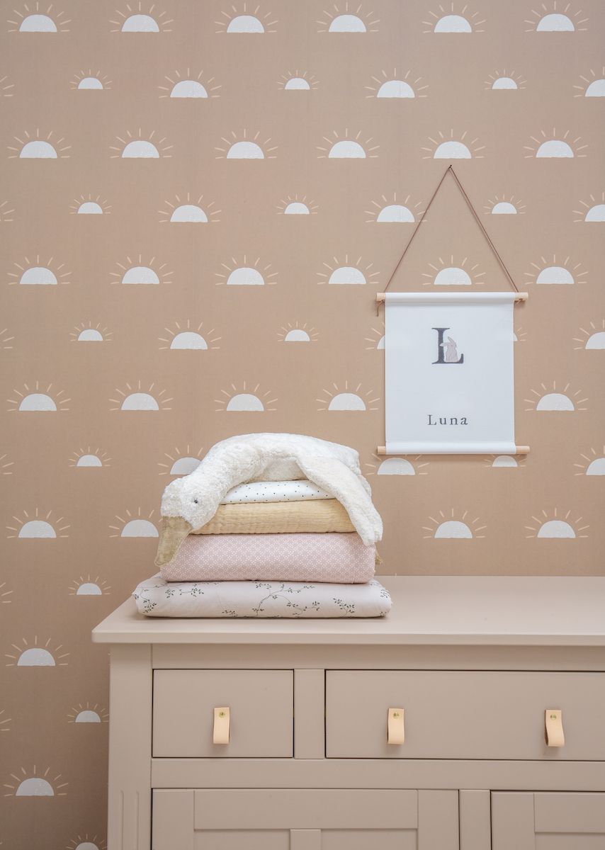 Papier peint chambre enfant Soleil - Marron glacé &amp; Blanc