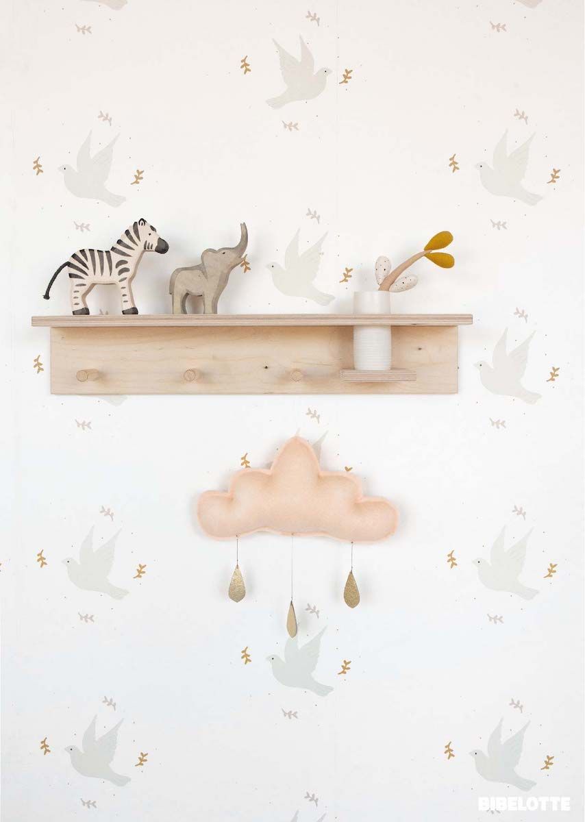 Papier peint chambre enfant motif Oiseaux - Gris clair &amp; Beige