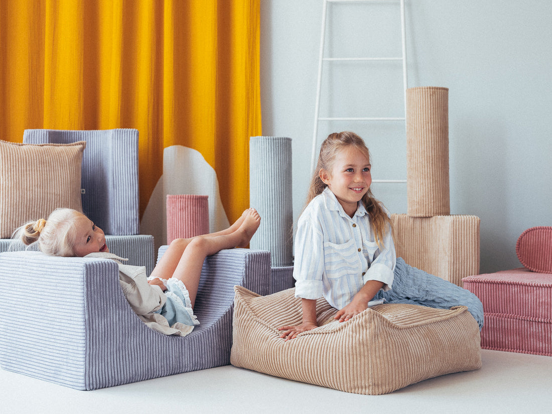 Pouf Montessori arc-en-ciel - Bleu Beige & Rose